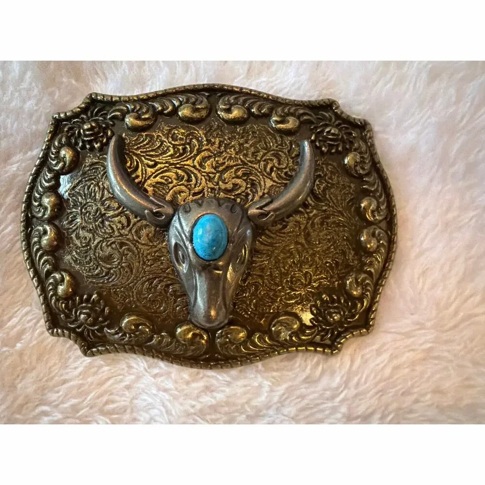 Western Longhorn Steer Skull Belt Buckle Faux Turquoise Antique Brass 3.8